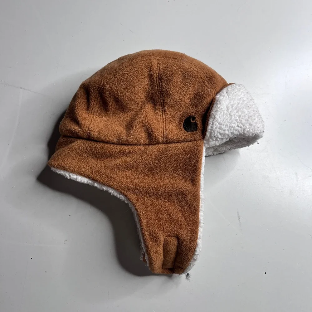 Carhartt Infant Toddler Brown Fleece Sherpa Lined Trapper Hat AH8950 Small Stain